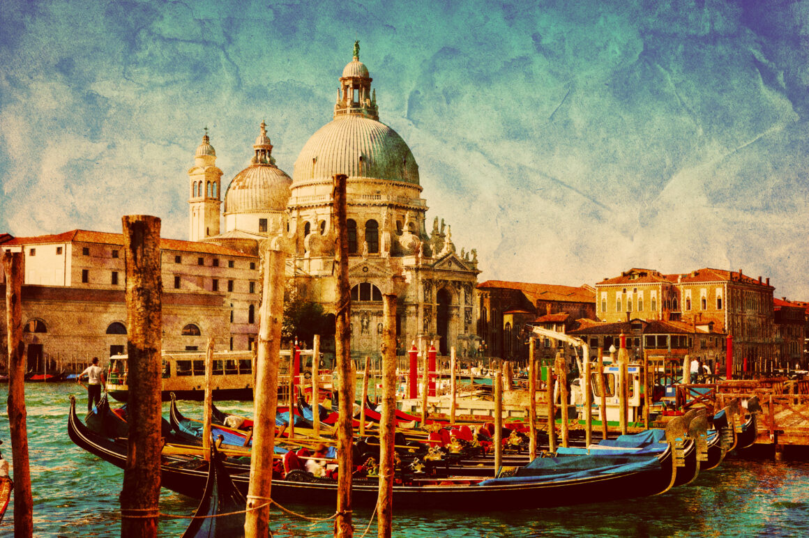Venice, Italy. Gondola jetty next to Santa Maria della Salute. Vintage Vintage Landscape with Gondolas
